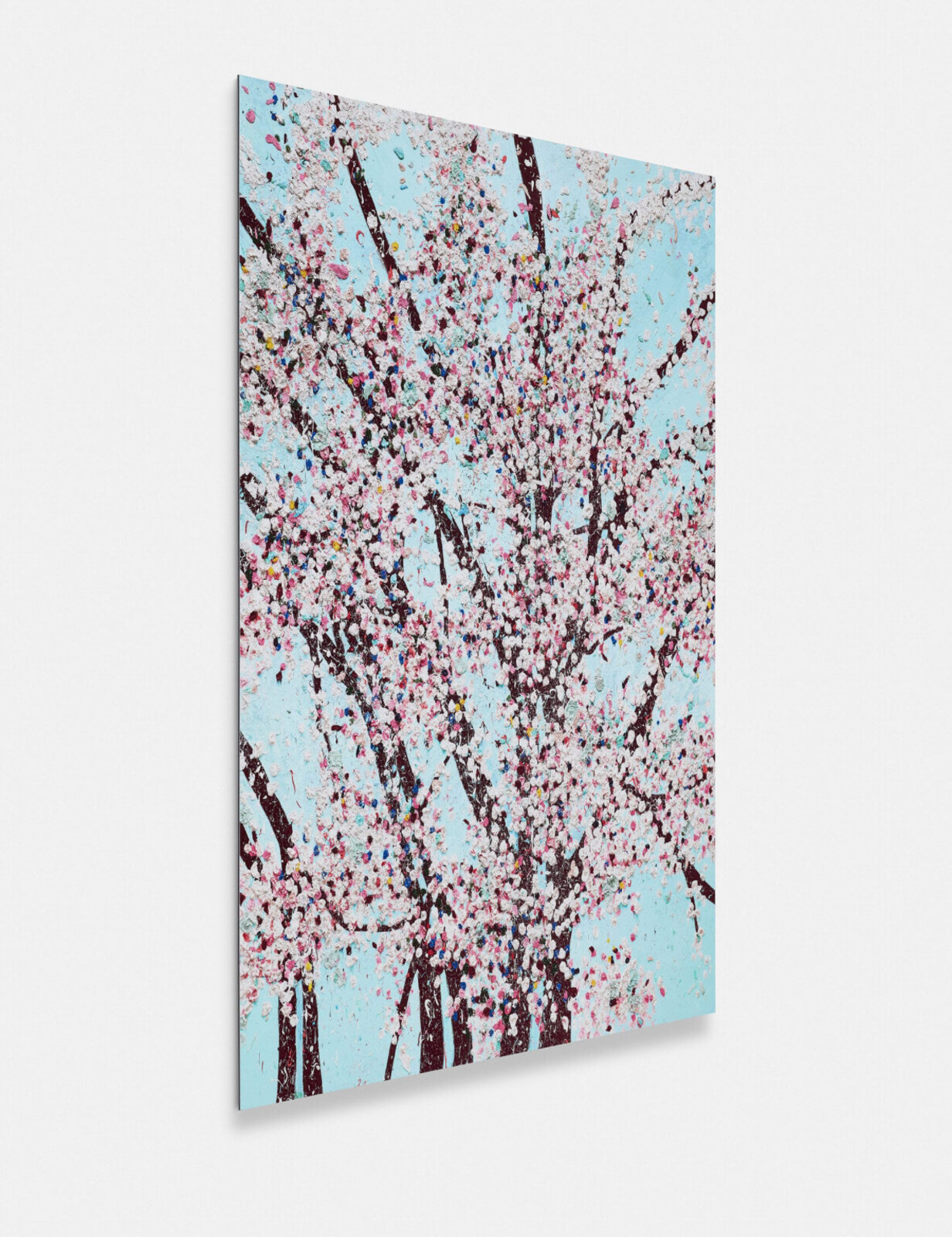 A textured painting of blooming trees against a light blue background.