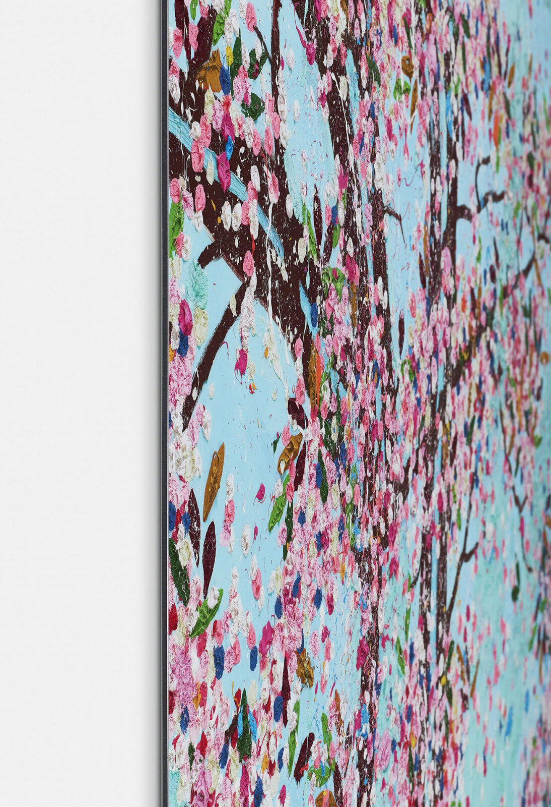 A textured painting of a blossoming tree against a bright blue background.