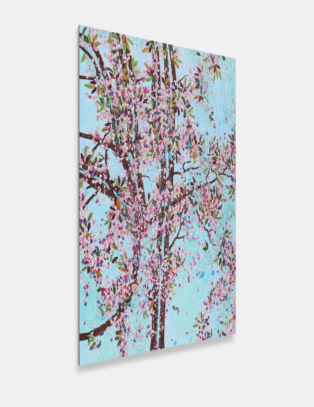 A textured painting of a blossoming tree against a bright blue background.