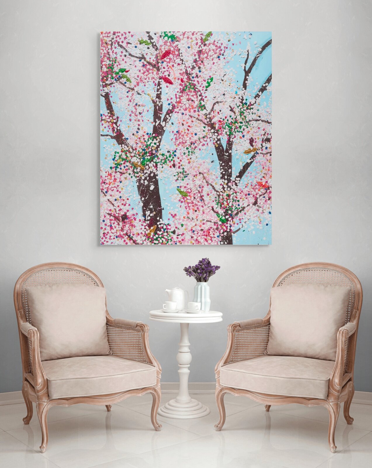 A vibrant, textured painting of blooming trees against a bright blue sky.