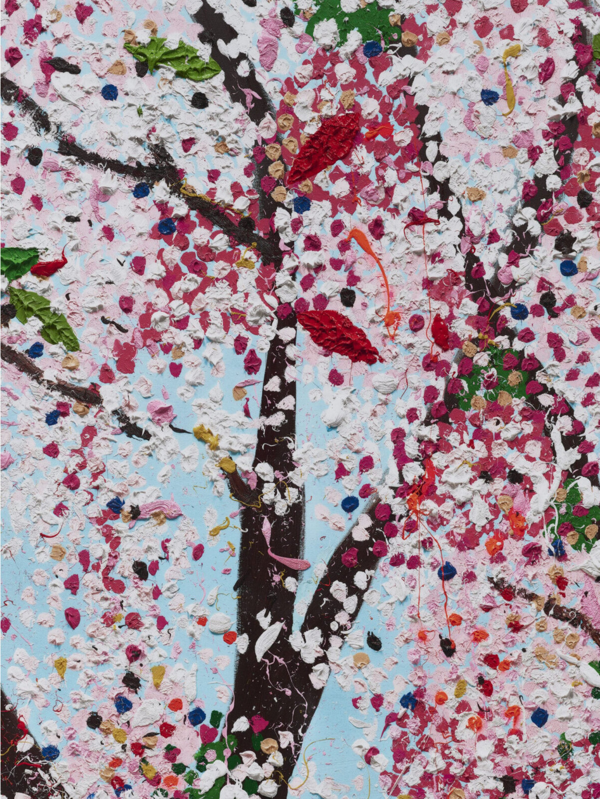 A vibrant, textured painting of blooming trees against a bright blue sky.