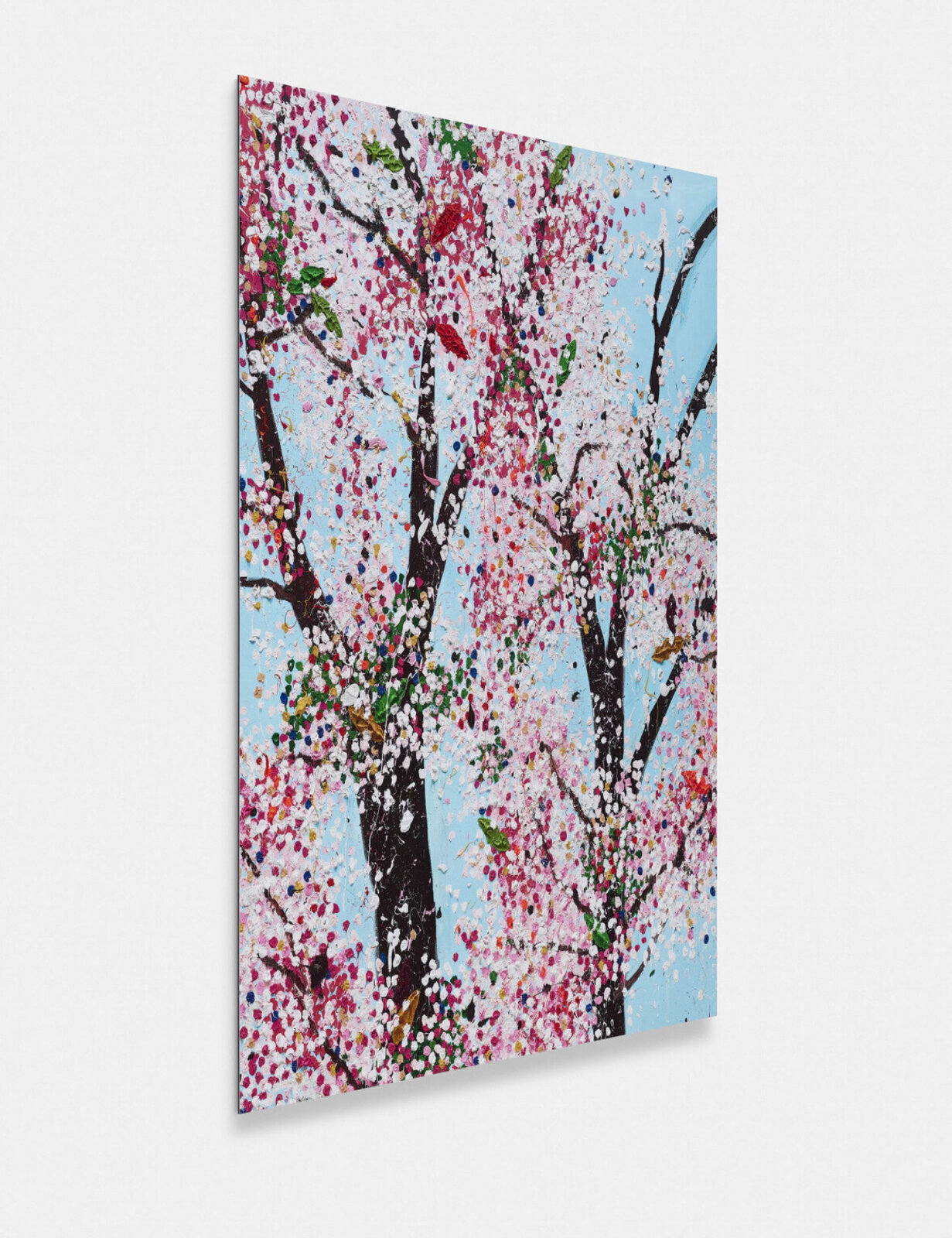 A vibrant, textured painting of blooming trees against a bright blue sky.