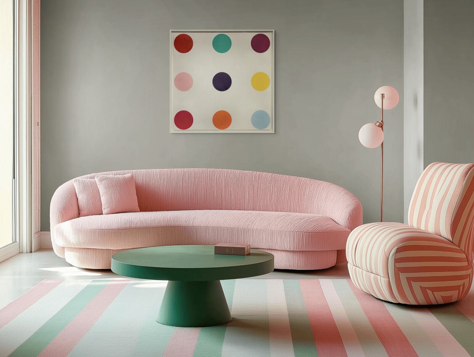 A minimalist composition of nine colored circles arranged in a grid on a white background.