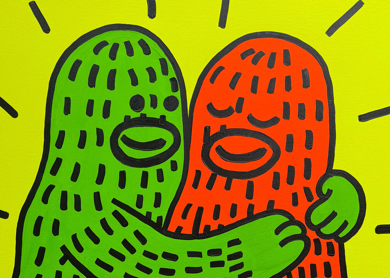A colorful pop-art style illustration of two hugging figures.