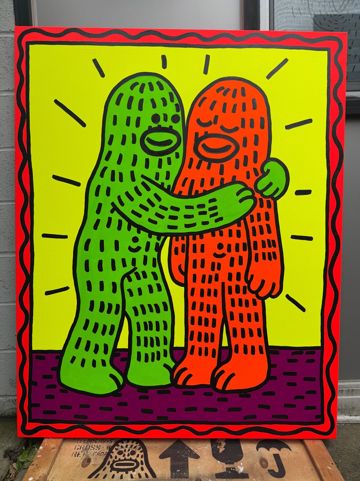 A colorful pop-art style illustration of two hugging figures.