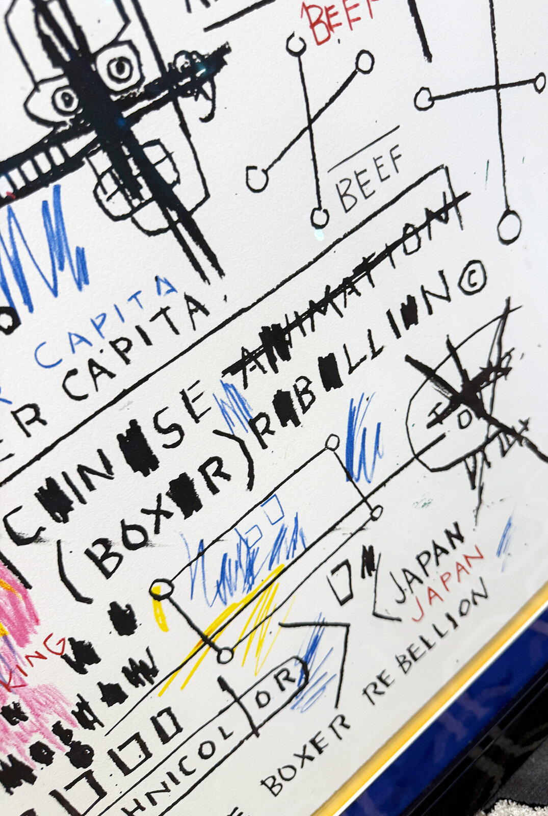 A chaotic, text-heavy drawing featuring two robot-like figures amidst a collage of words and symbols.
