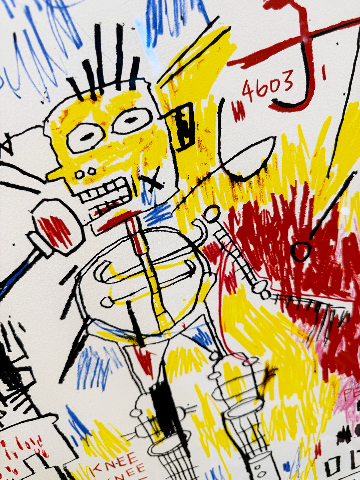 A chaotic, text-heavy drawing featuring two robot-like figures amidst a collage of words and symbols.