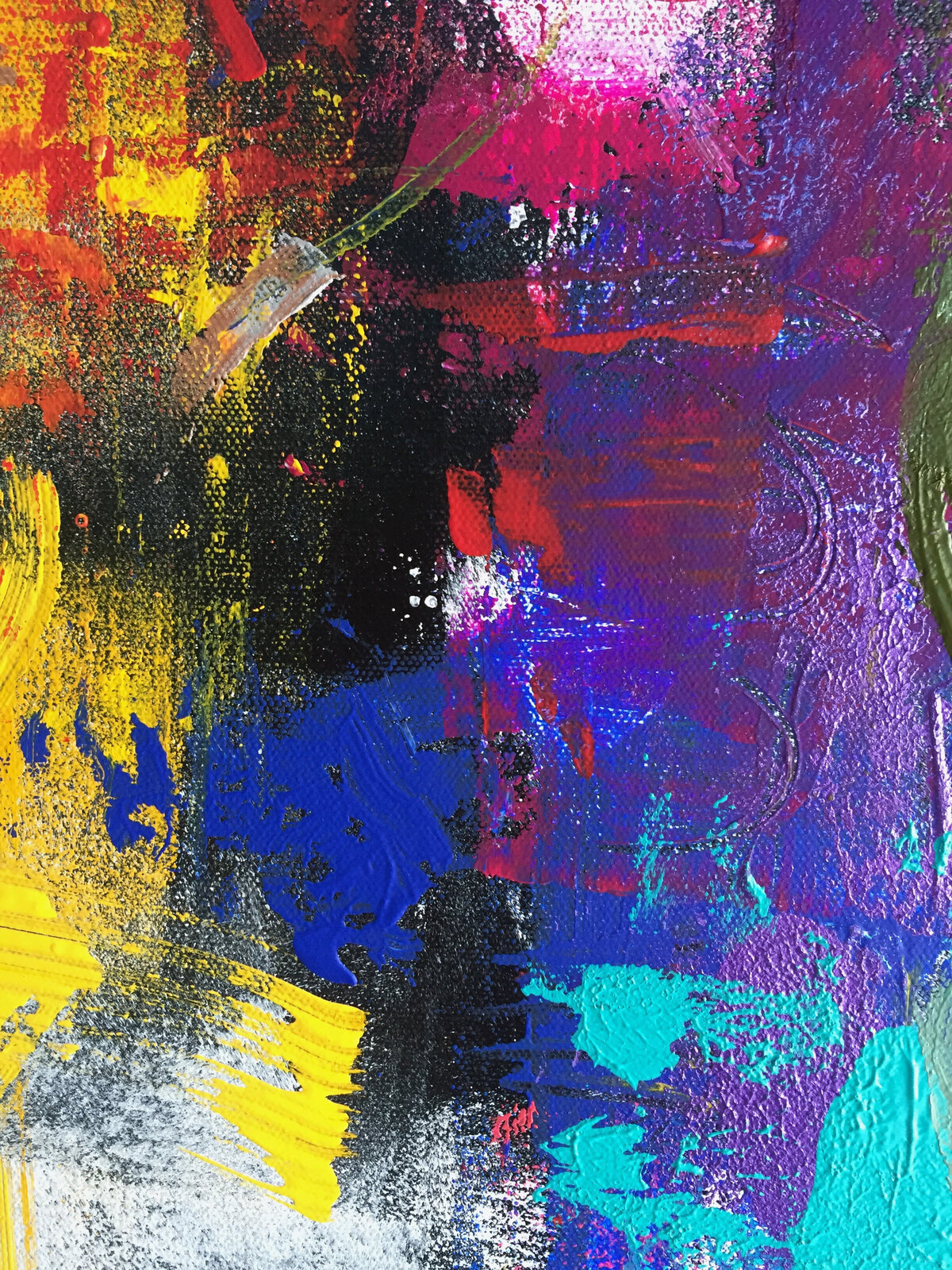 A vibrant abstract portrait of a figure surrounded by explosive white brushstrokes.