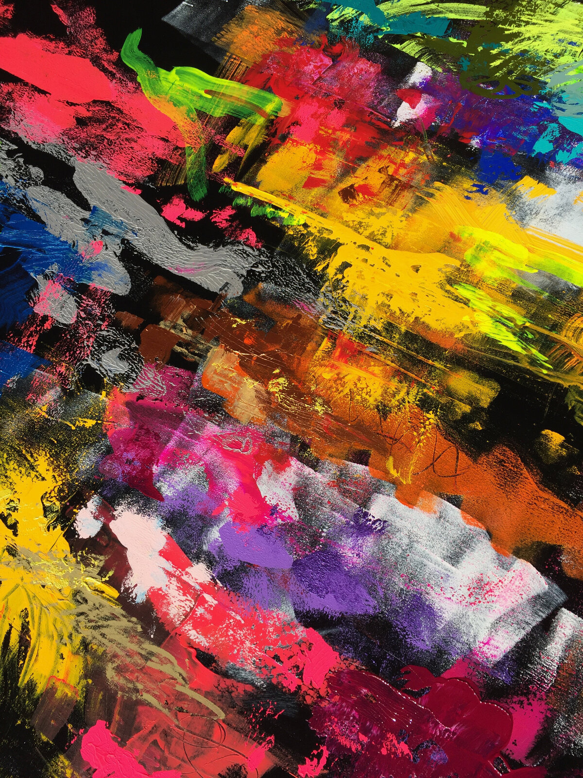 A vibrant abstract portrait of a figure surrounded by explosive white brushstrokes.
