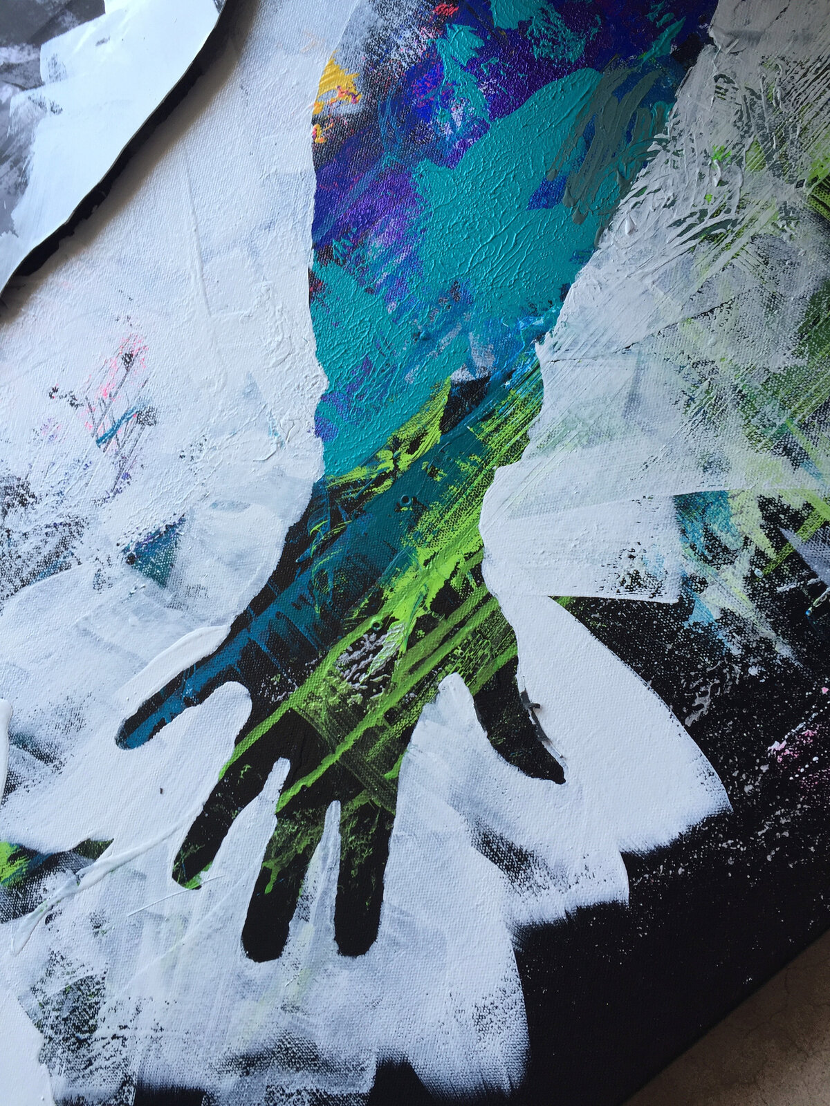 A vibrant abstract portrait of a figure surrounded by explosive white brushstrokes.