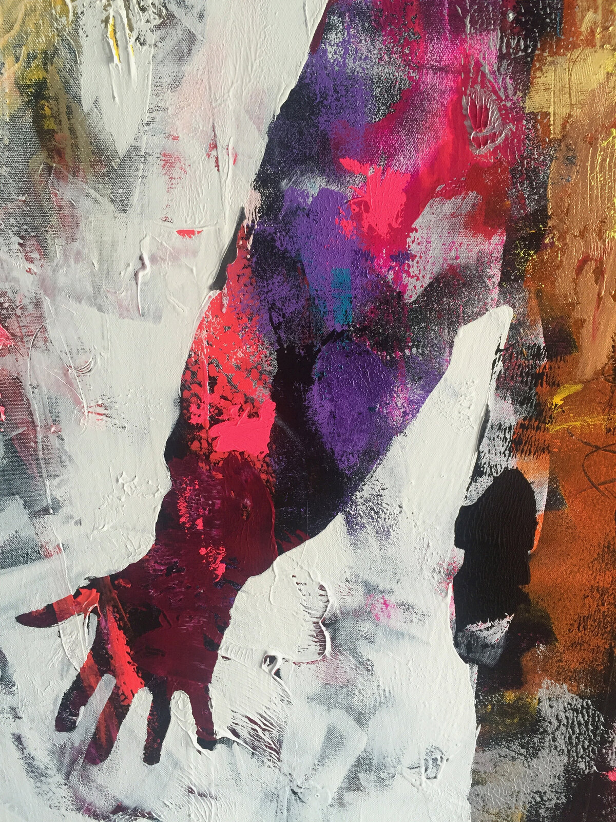 A vibrant abstract portrait of a figure surrounded by explosive white brushstrokes.