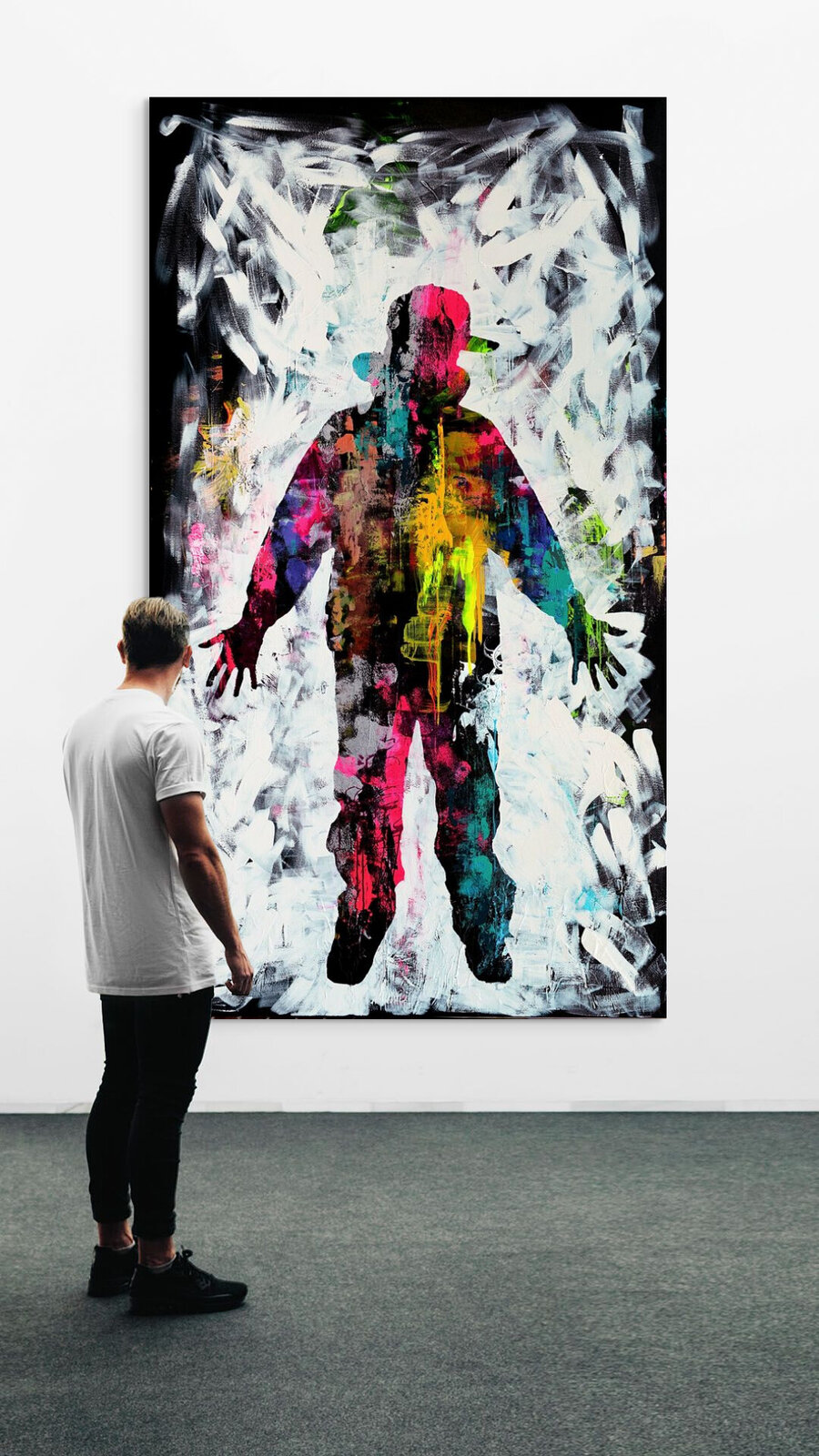 A vibrant abstract portrait of a figure surrounded by explosive white brushstrokes.