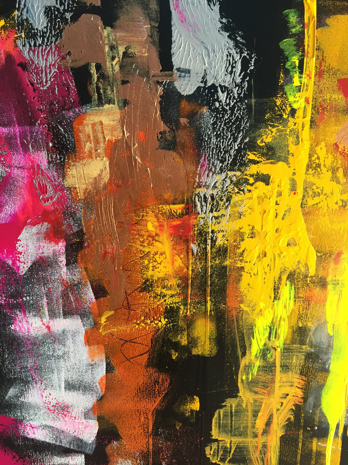 A vibrant abstract portrait of a figure surrounded by explosive white brushstrokes.