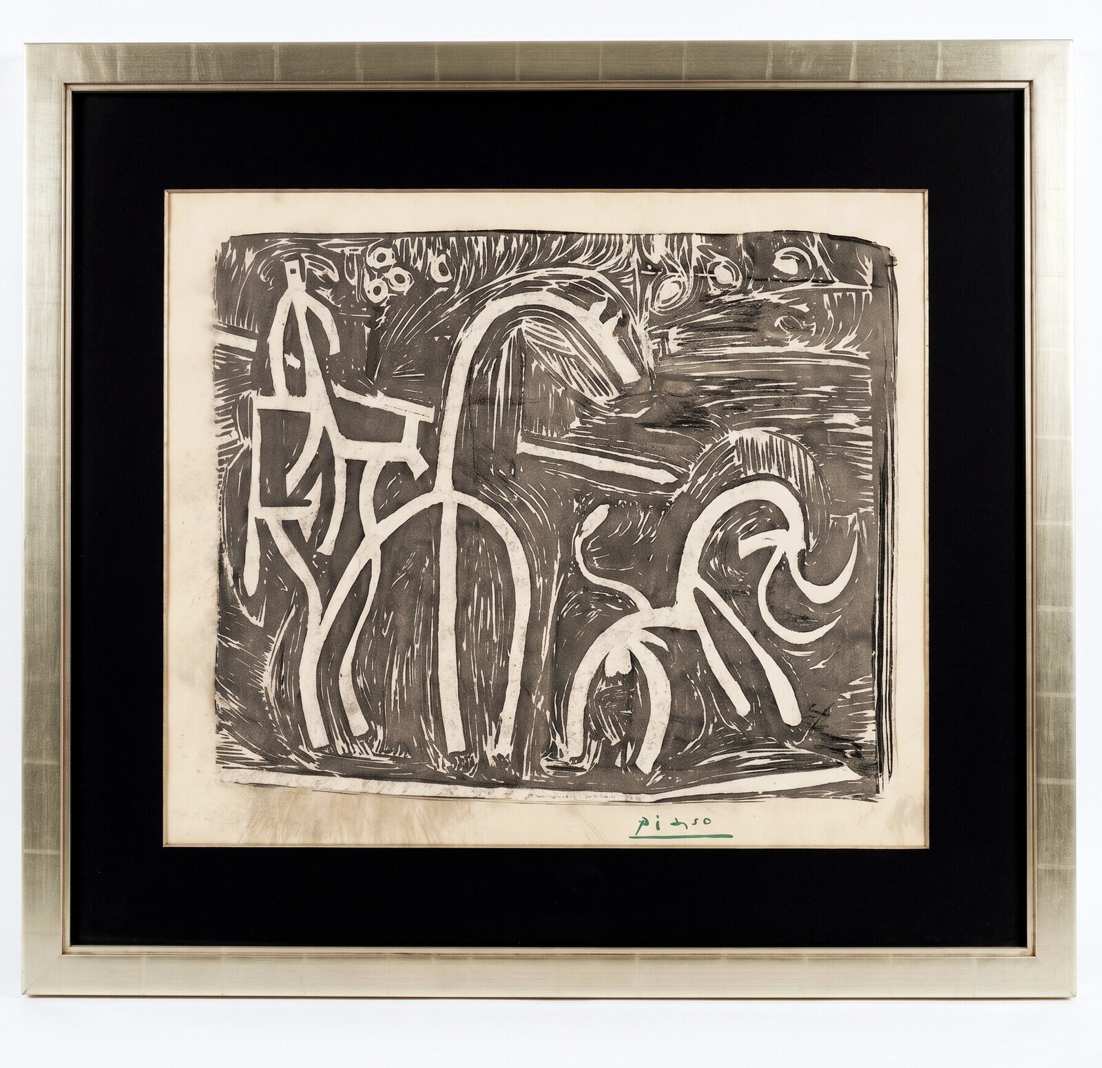 A black and white woodcut print depicting a stylized kitchen faucet with a figure in the background.