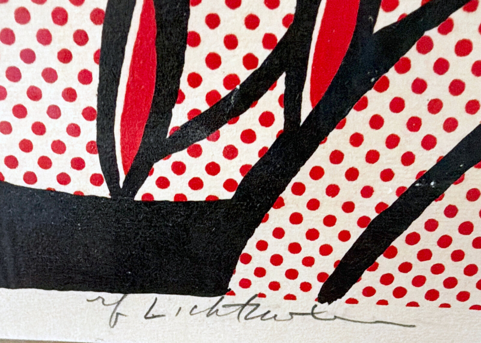 A pop-art portrait of a crying woman with yellow hair and red lips against a polka-dotted background.