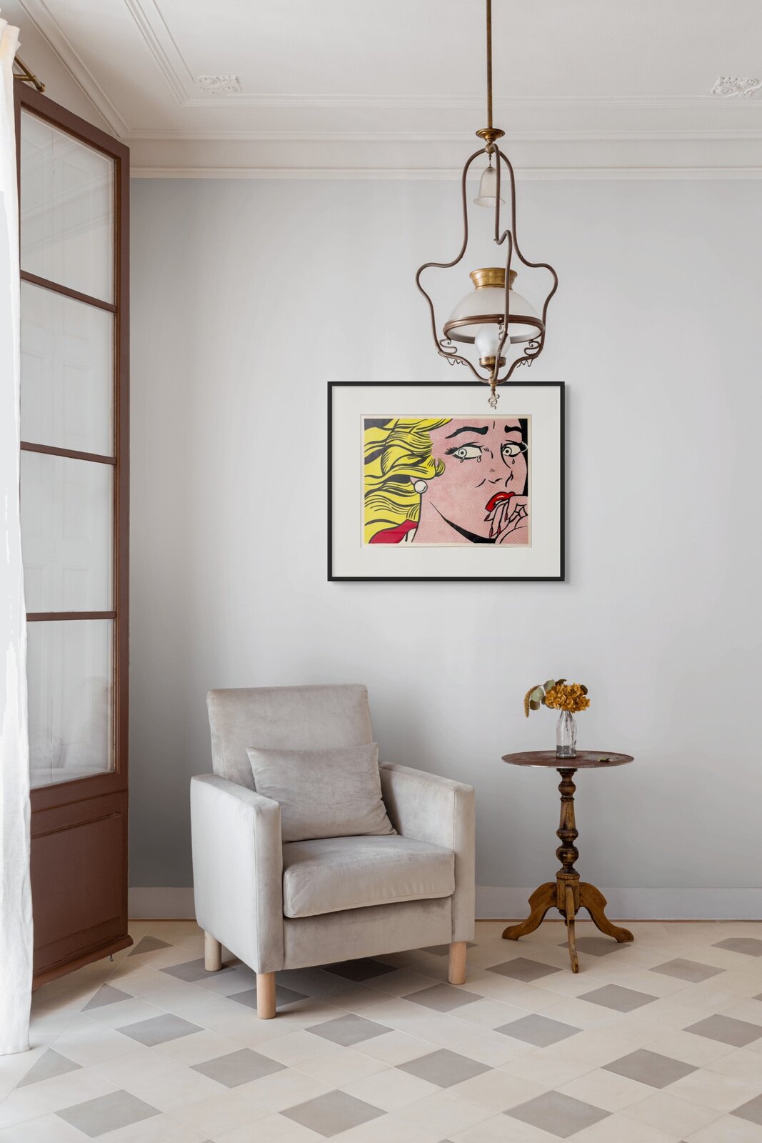 A pop-art portrait of a crying woman with yellow hair and red lips against a polka-dotted background.