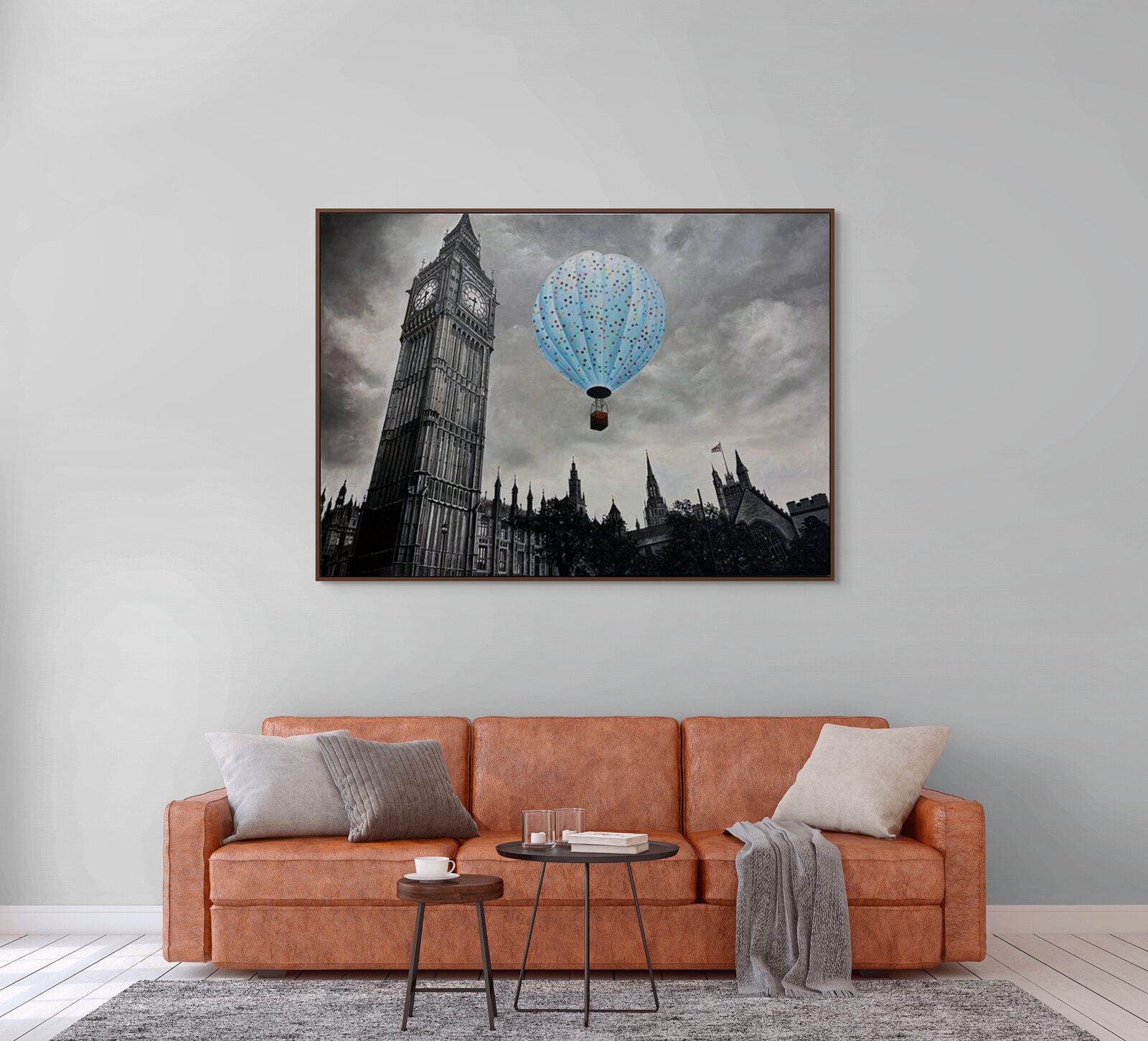 A whimsical painting of a colorful hot air balloon floating above a monochrome city skyline.