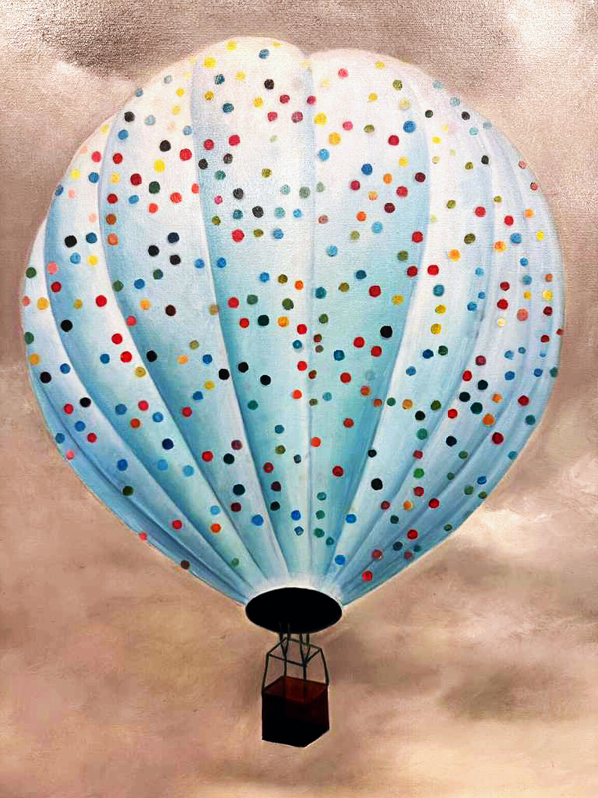 A whimsical painting of a colorful hot air balloon floating above a monochrome city skyline.
