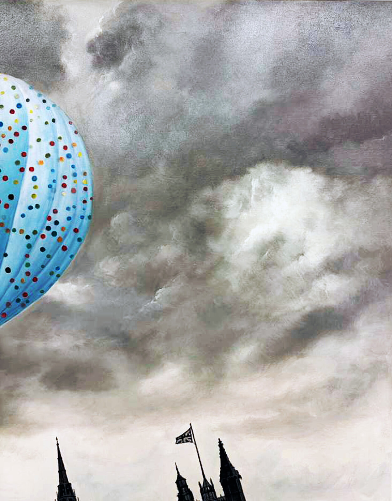 A whimsical painting of a colorful hot air balloon floating above a monochrome city skyline.
