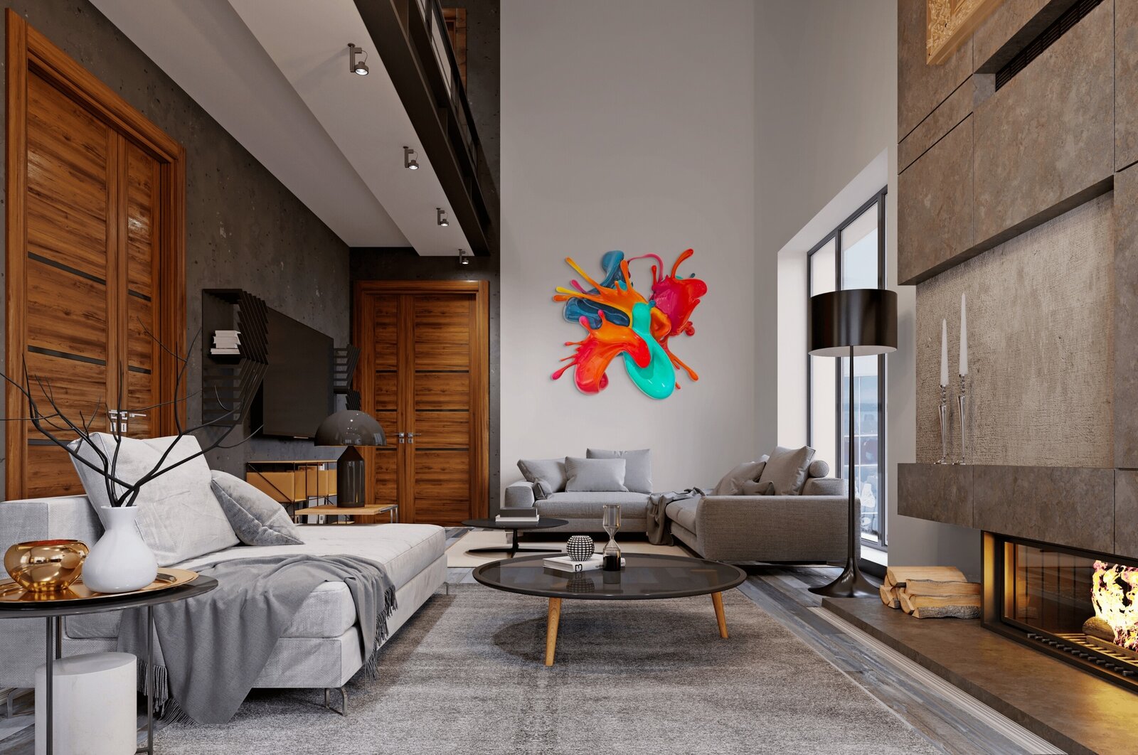 A dynamic sculpture of glossy, multi-colored paint splashes frozen in motion against a plain white background.