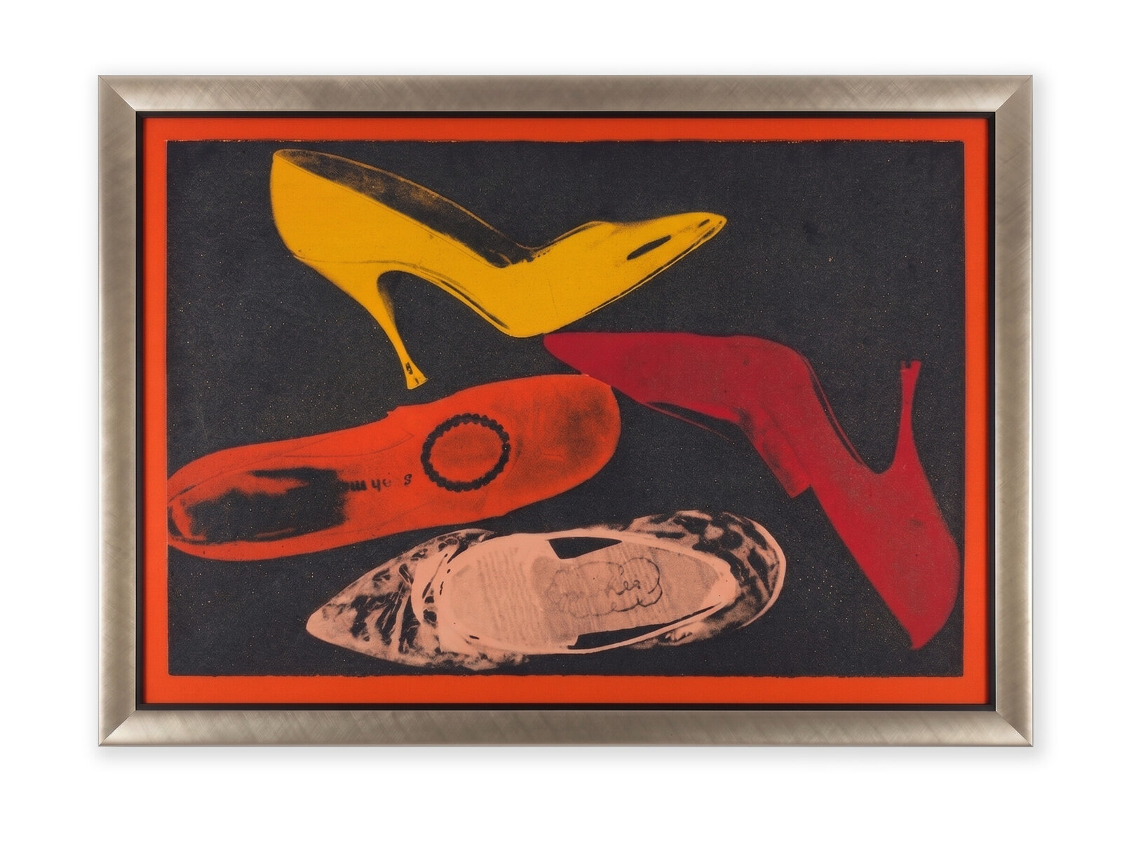 A graphic print of four high-heeled shoes in bold colors against a dark background.