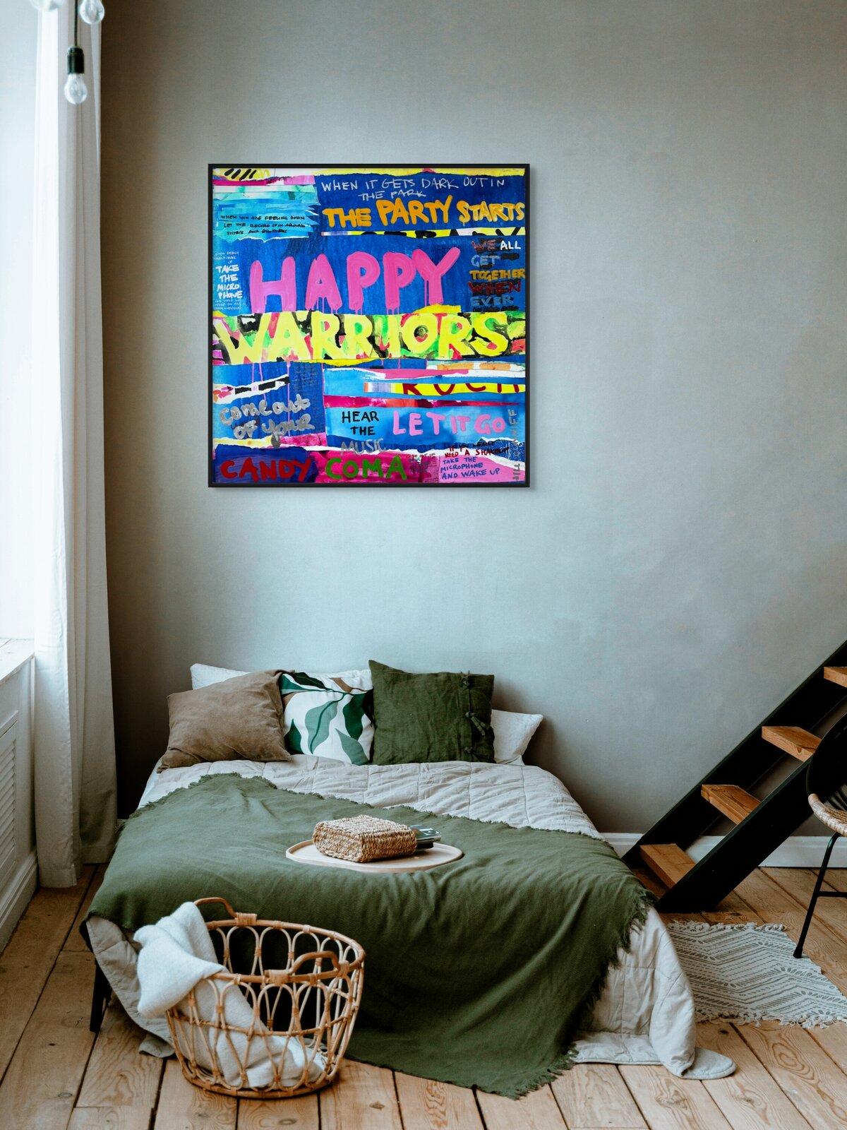 A chaotic, colorful collage of text and paint splatters on a blue background.