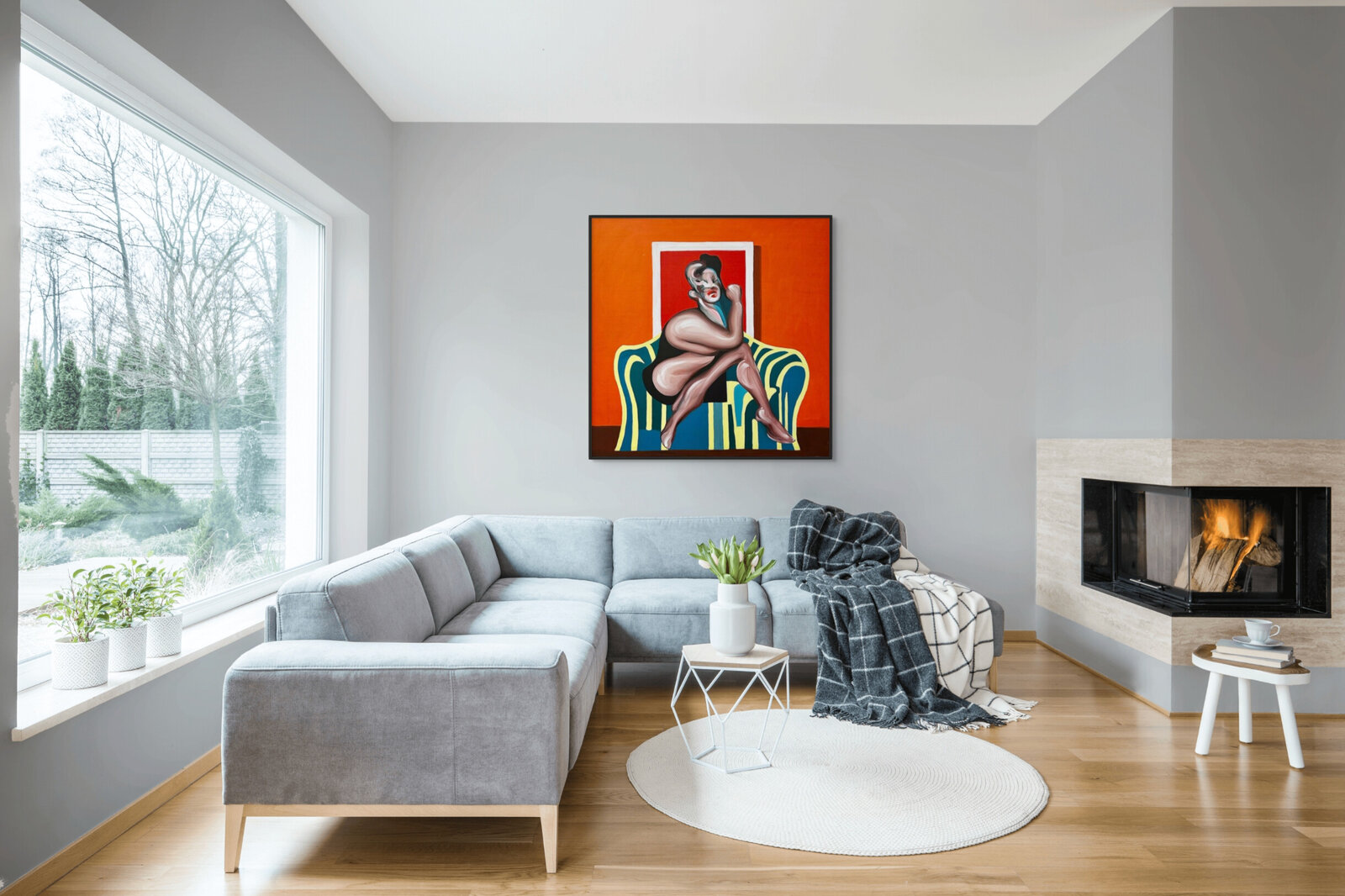 A modern living room scene featuring a bold pop-art painting on the wall above a sectional sofa.