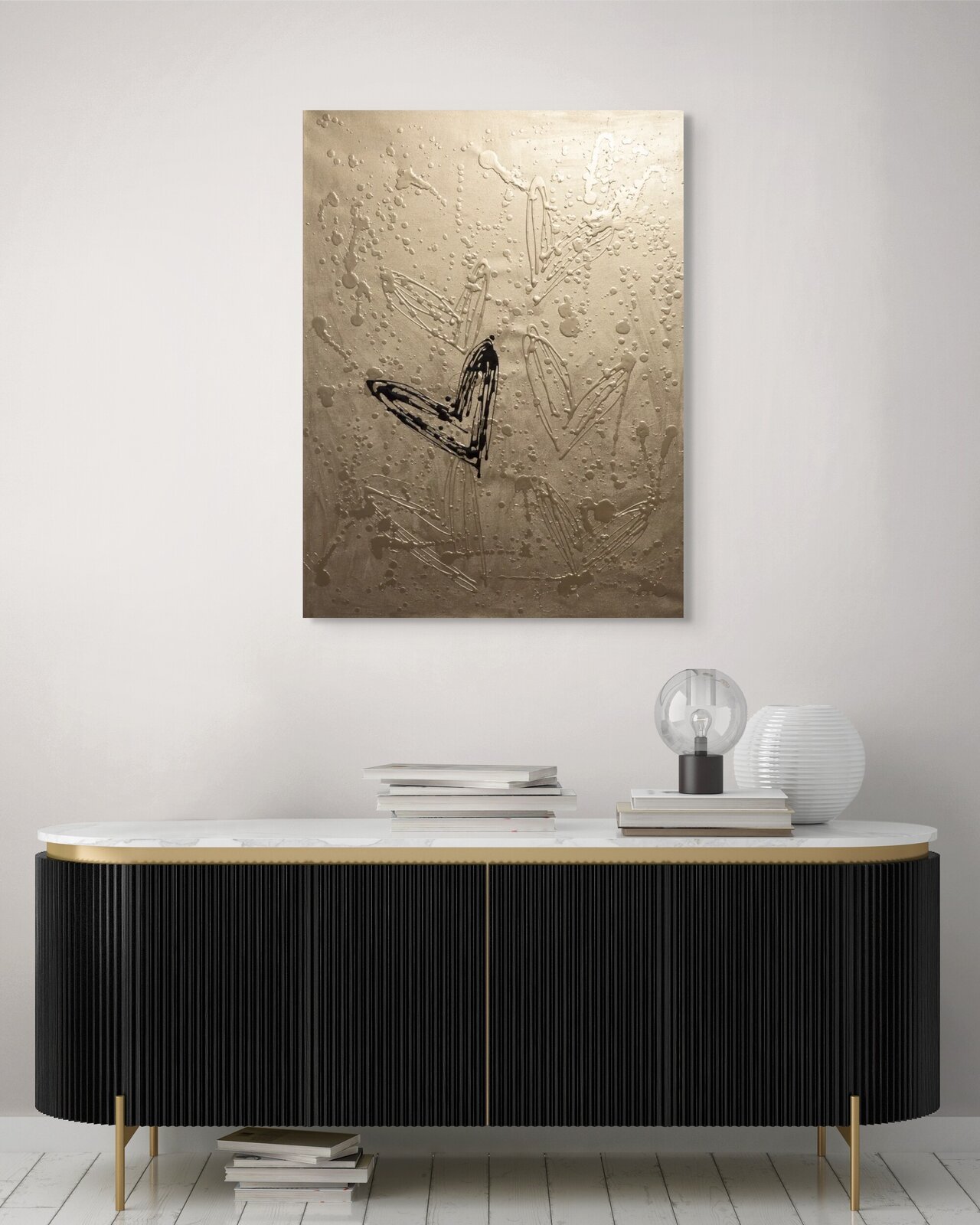 A monochromatic abstract composition featuring a central black heart shape surrounded by white, dripping lines and splatters on a textured surface.