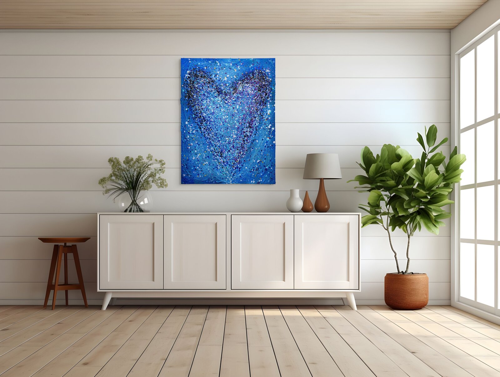 A textured abstract composition featuring a heart shape formed by splattered paint.