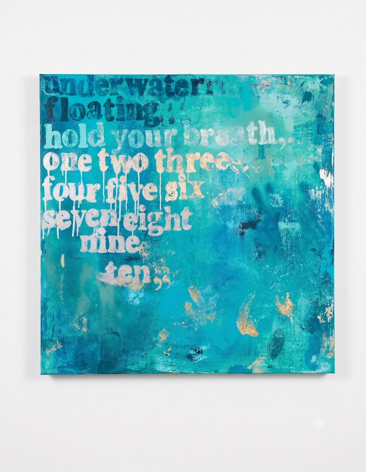 A textured blue and teal artwork featuring white text that reads 'underwater floating hold your breath' over a watercolor-style background.