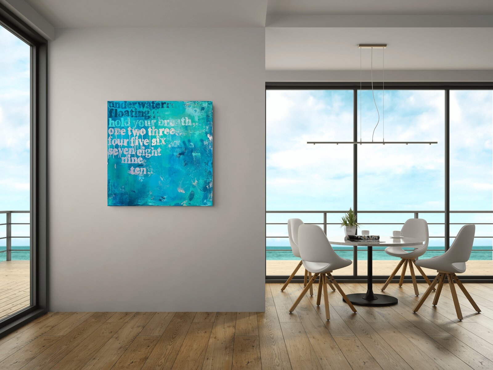 A textured blue and teal artwork featuring white text that reads 'underwater floating hold your breath' over a watercolor-style background.