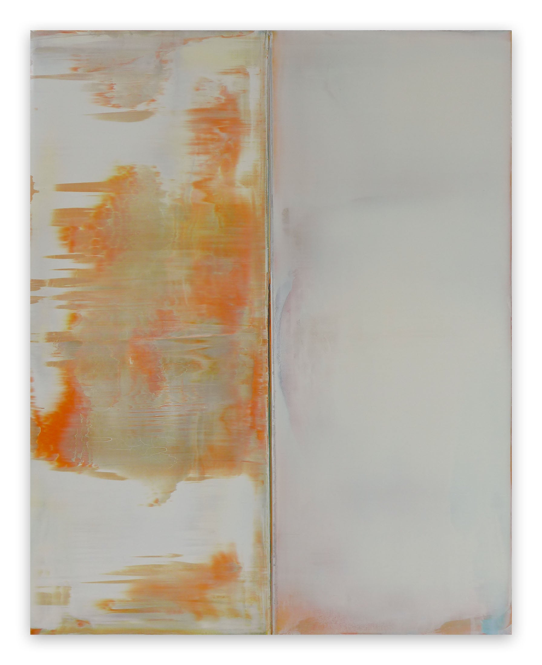 A painting with orange and white paint on a white background.