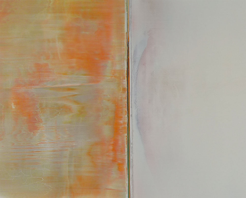 A painting with orange and white paint on a white background.