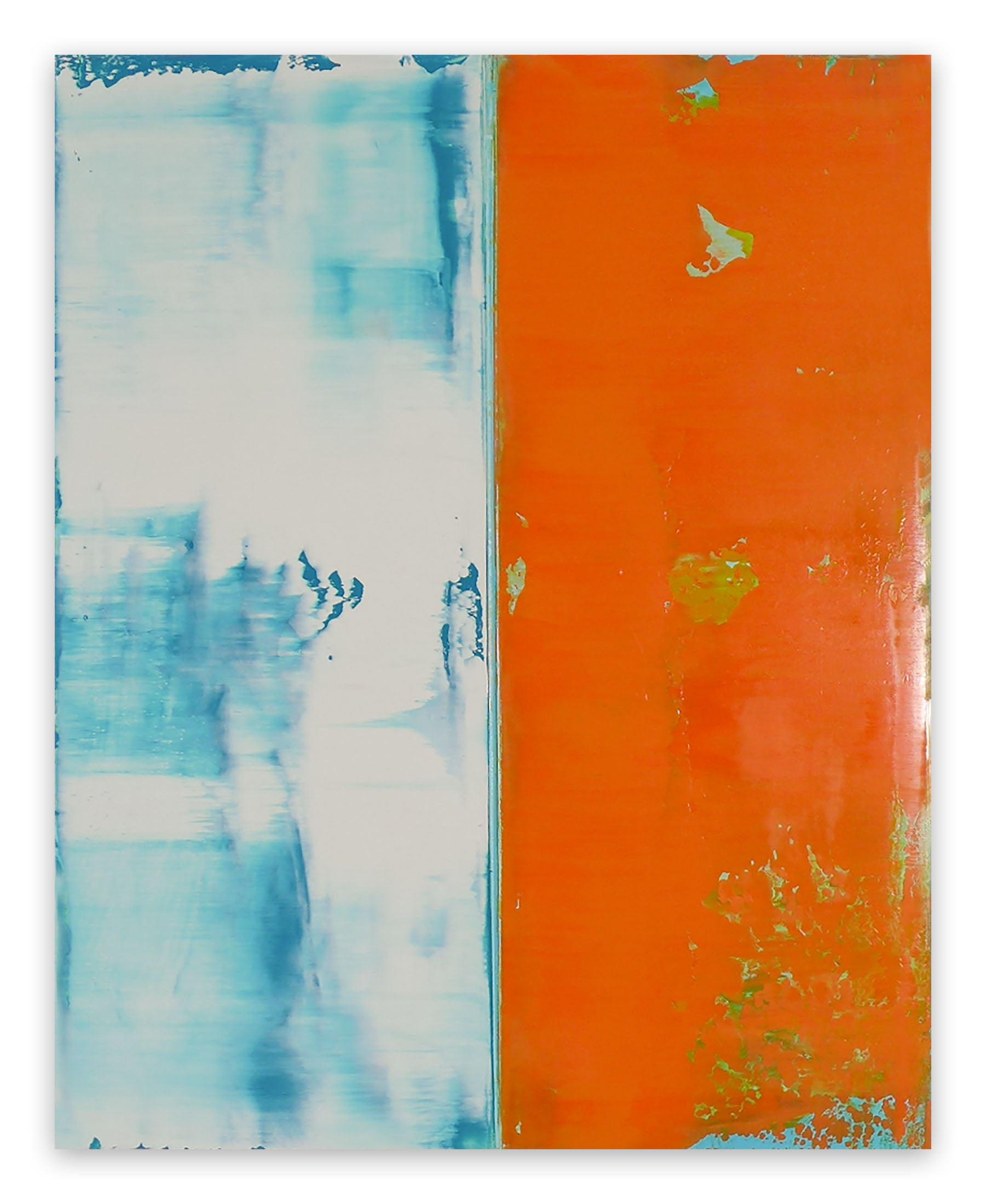 A painting of an orange and blue painting on a white wall.