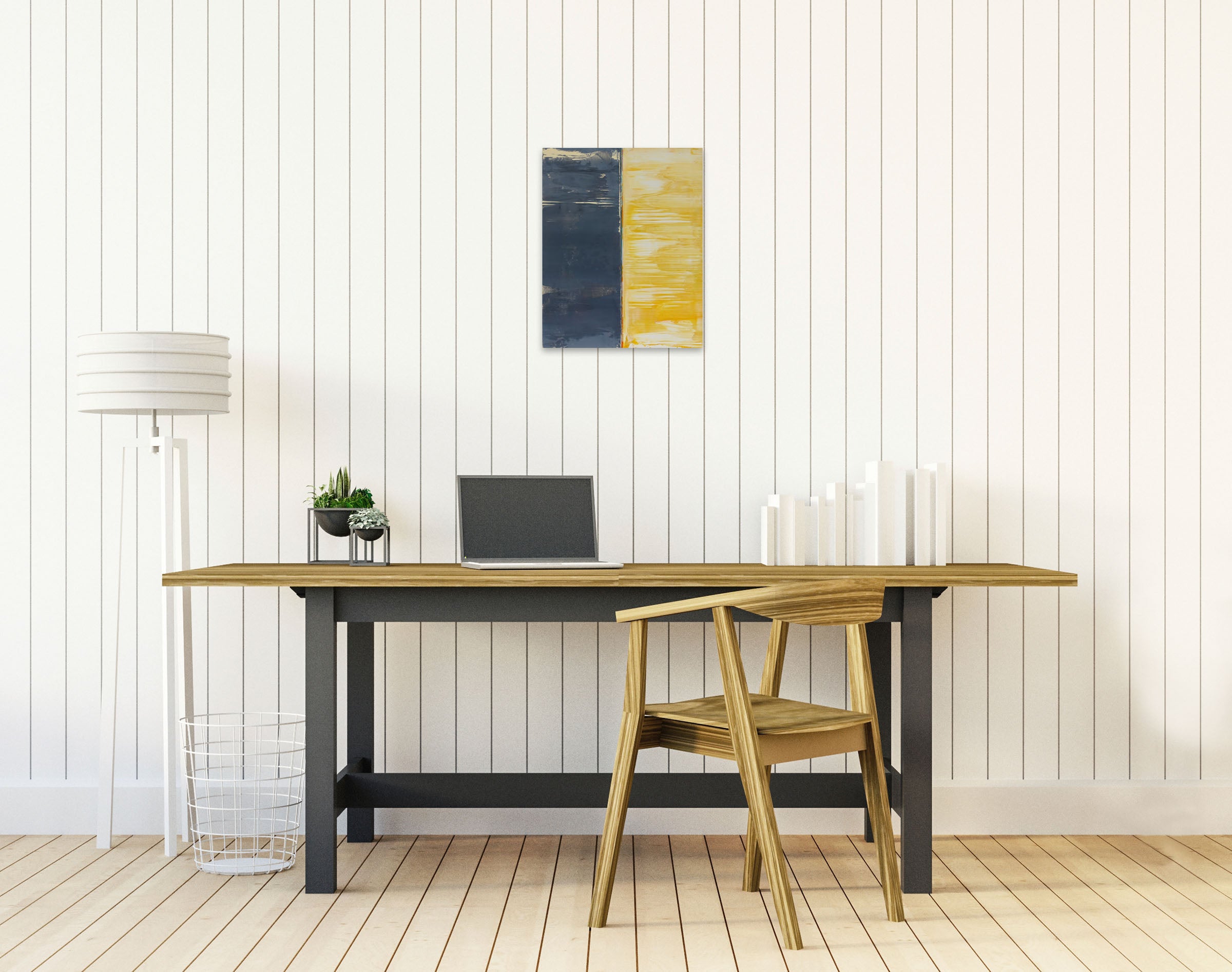 A painting of a yellow and blue painting on a white wall.