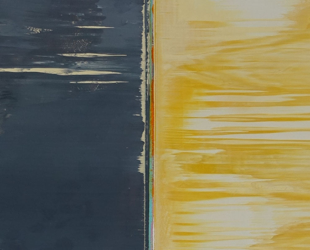 A painting of a yellow and blue painting on a white wall.