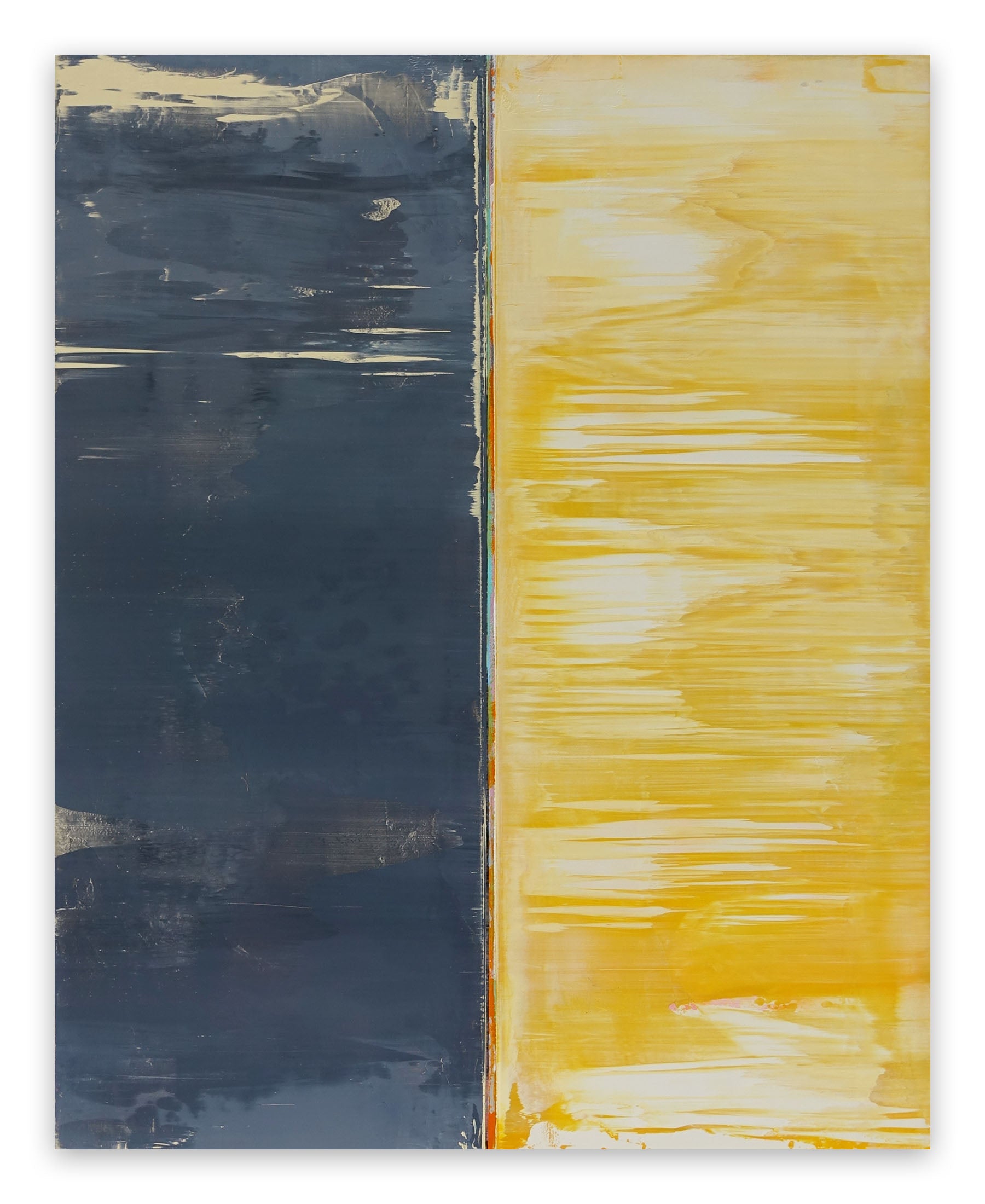 A painting of a yellow and blue painting on a white wall.