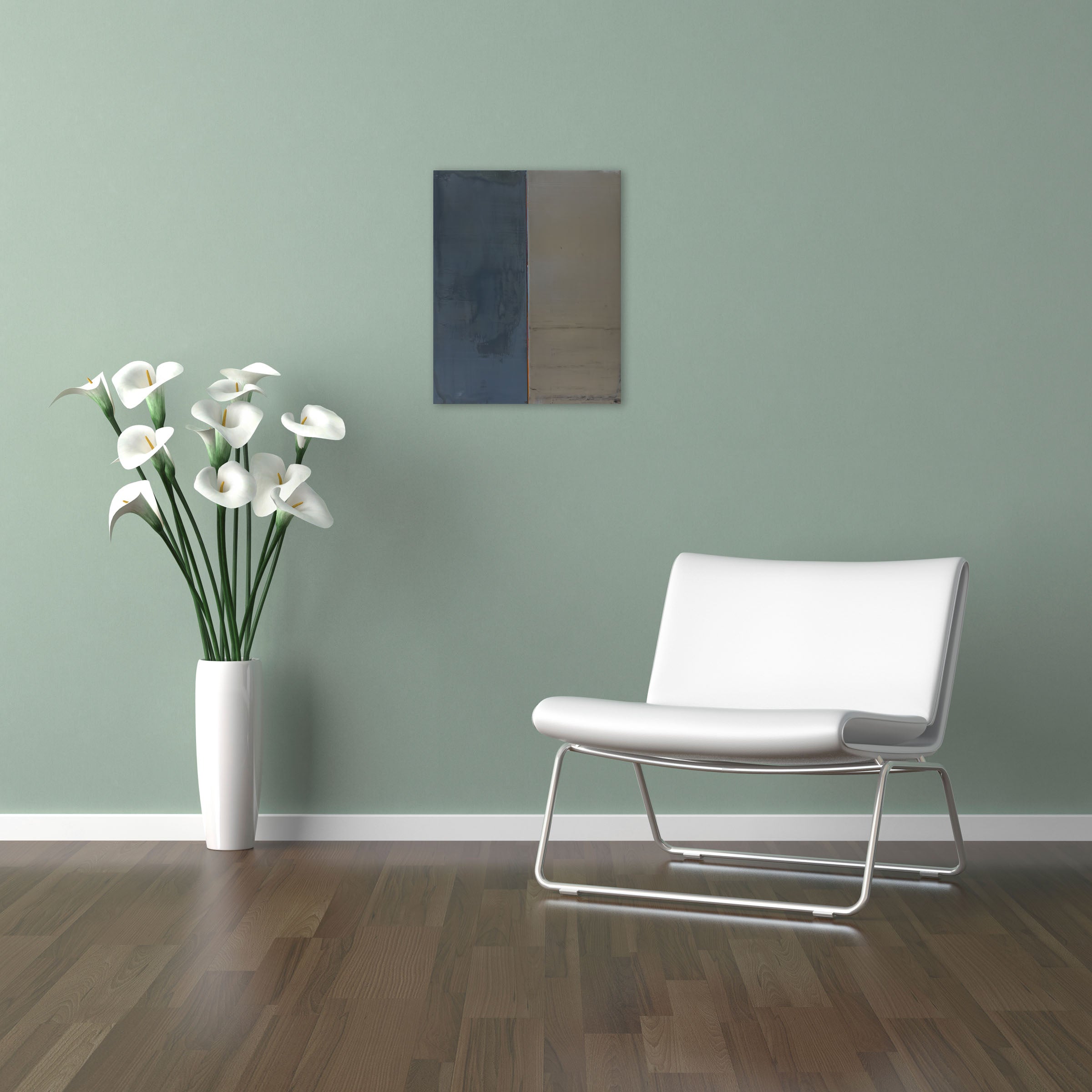 A painting with a blue and gray color block on a white background.