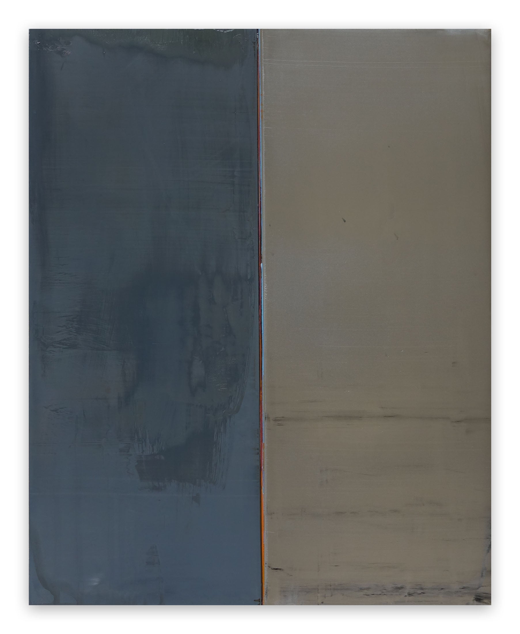 A painting with a blue and gray color block on a white background.