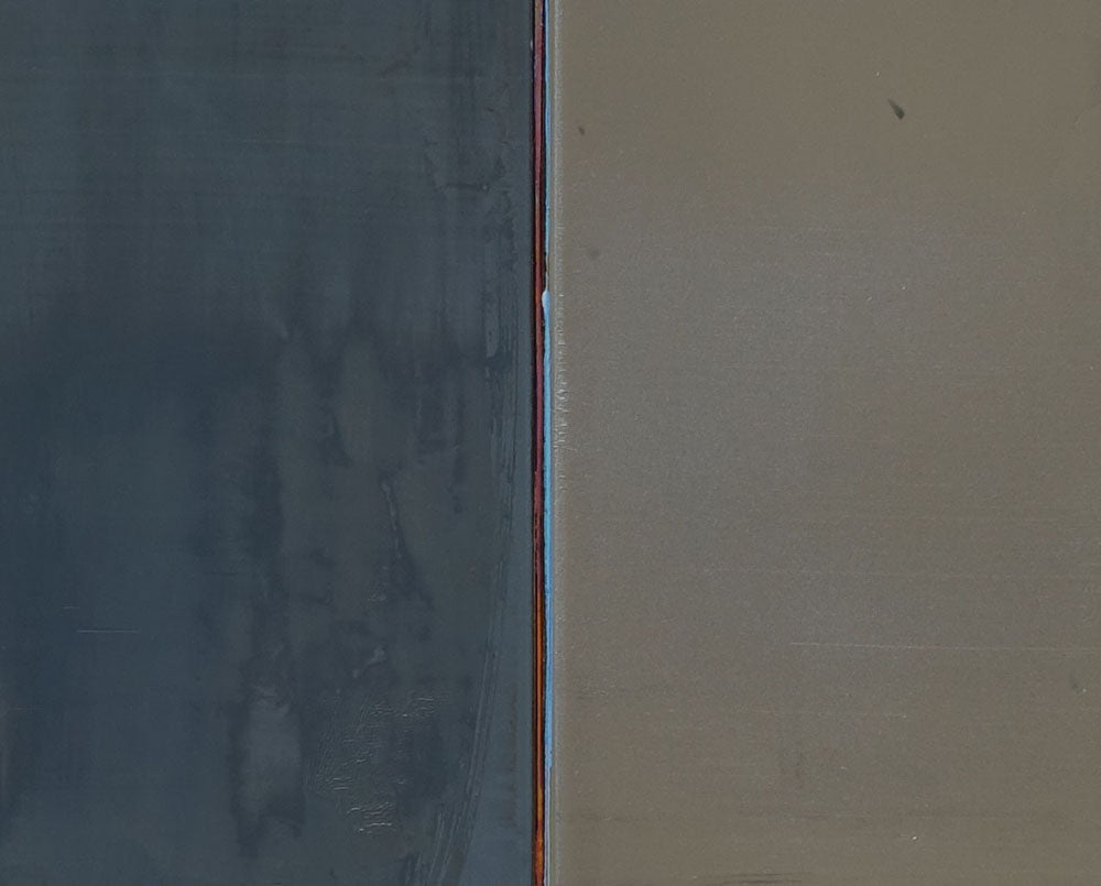 A painting with a blue and gray color block on a white background.
