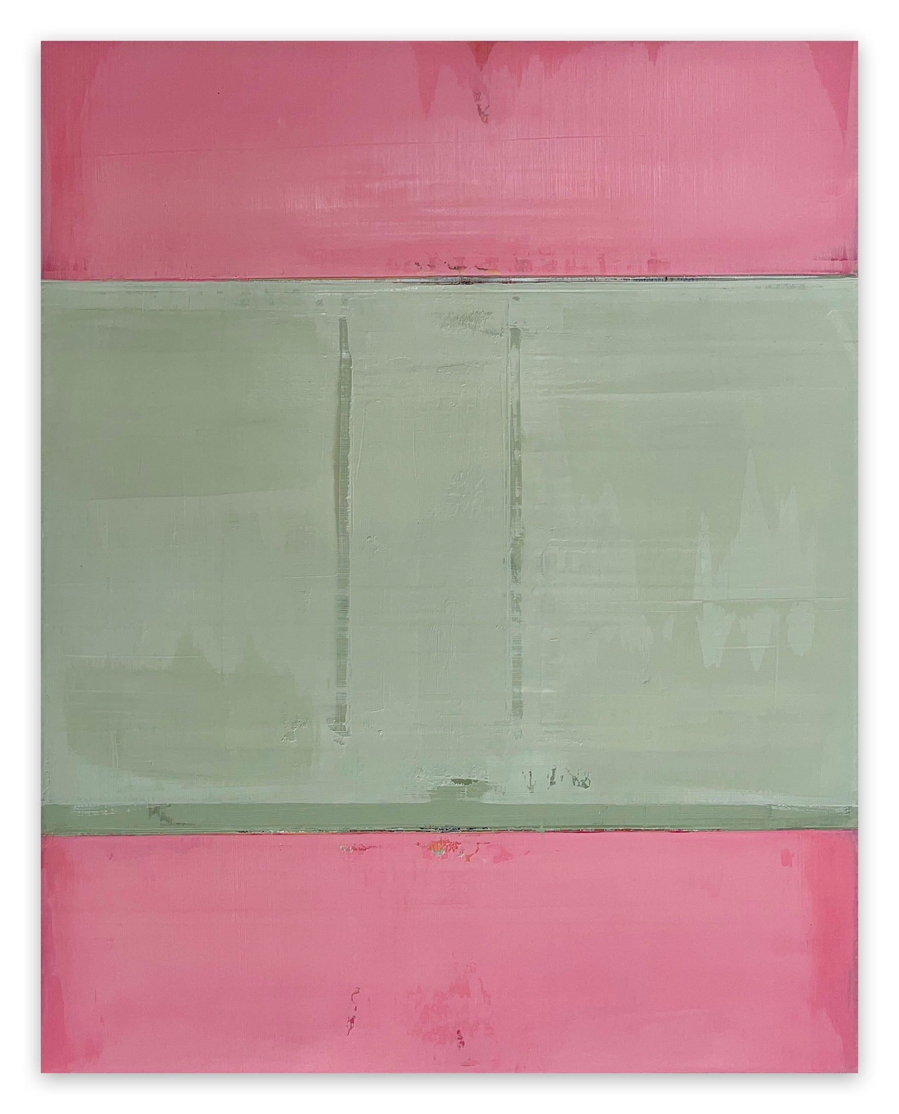 A pink and green painting on a white wall.