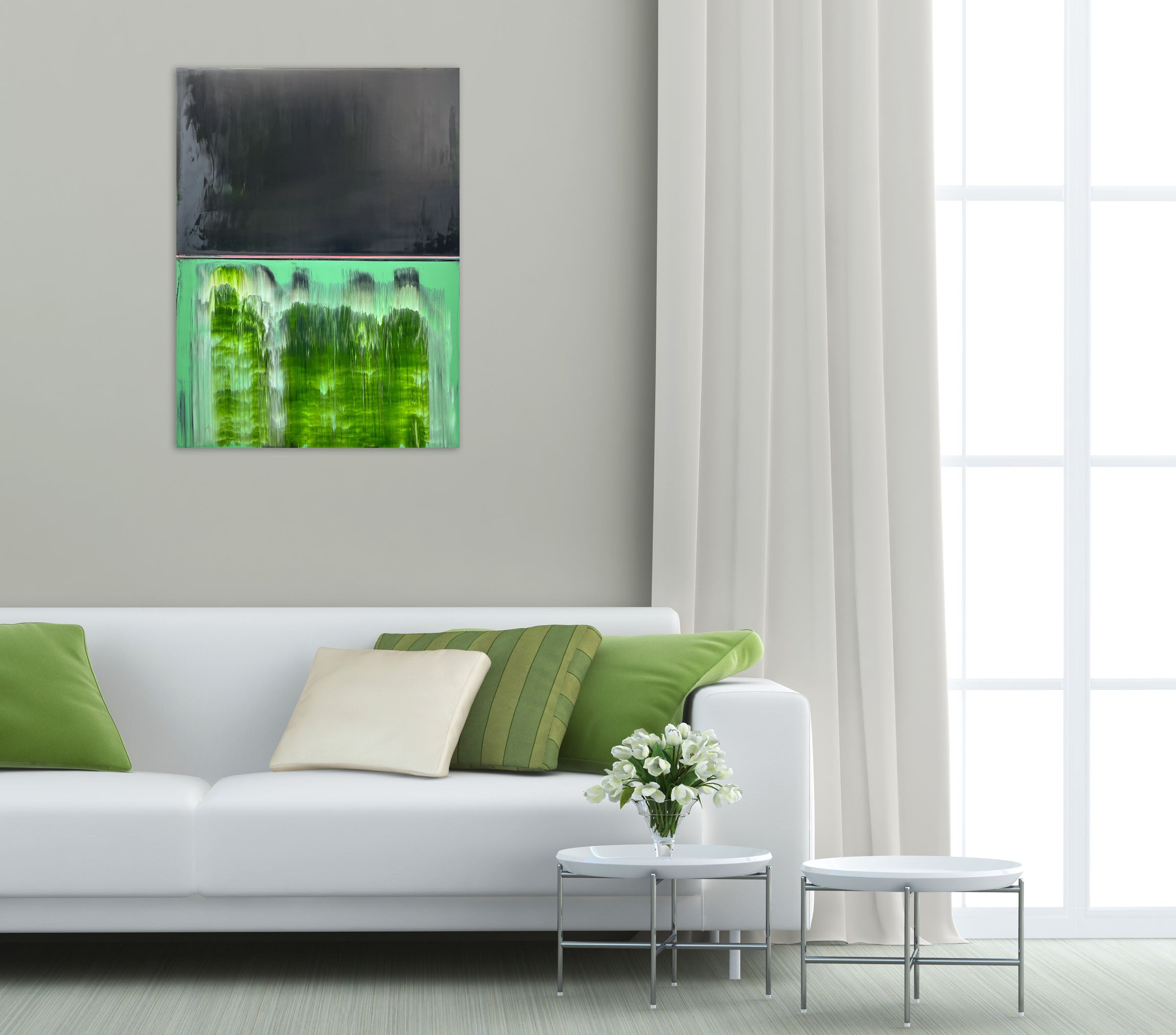 A painting of a green and black landscape on a white background.