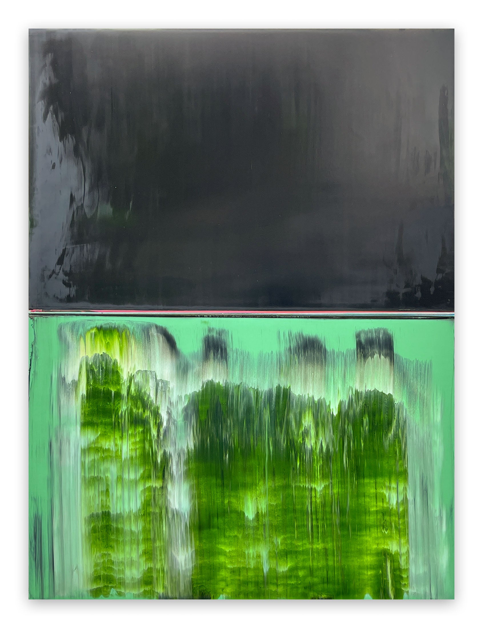 A painting of a green and black landscape on a white background.