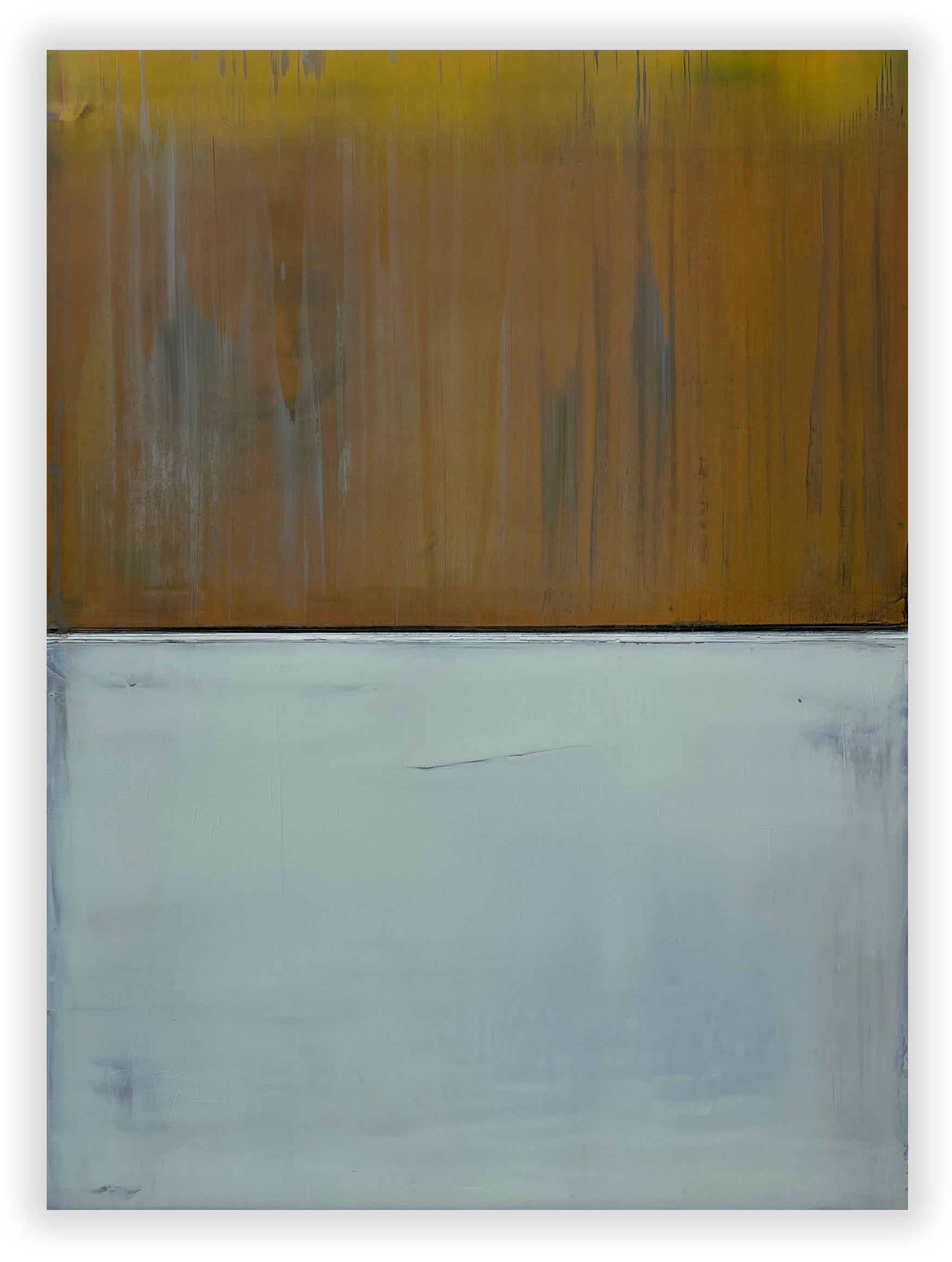 A painting of a yellow and gray painting on a white wall.