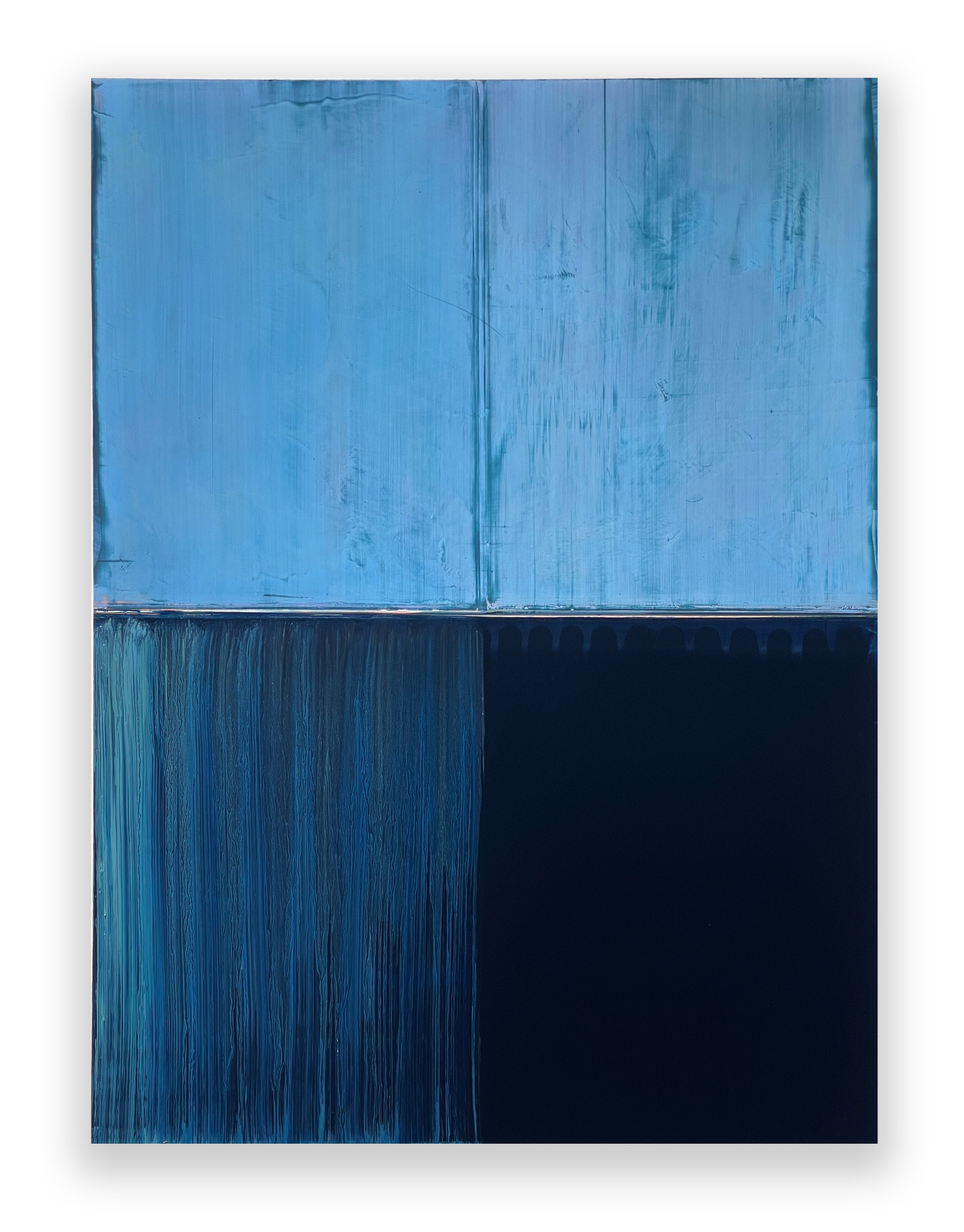 A painting of a blue and black painting on a white wall.