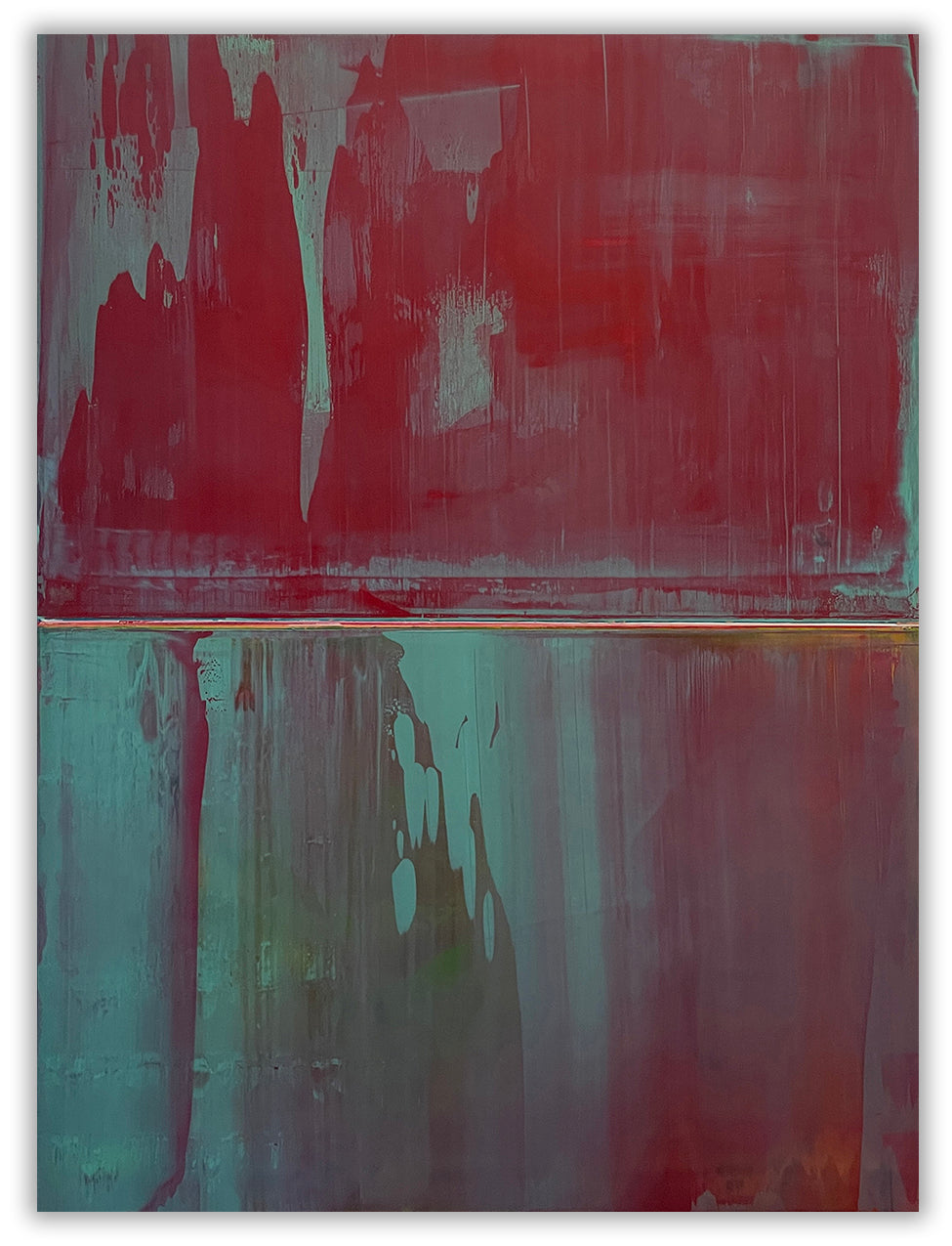 A painting with red and green paint on it. 