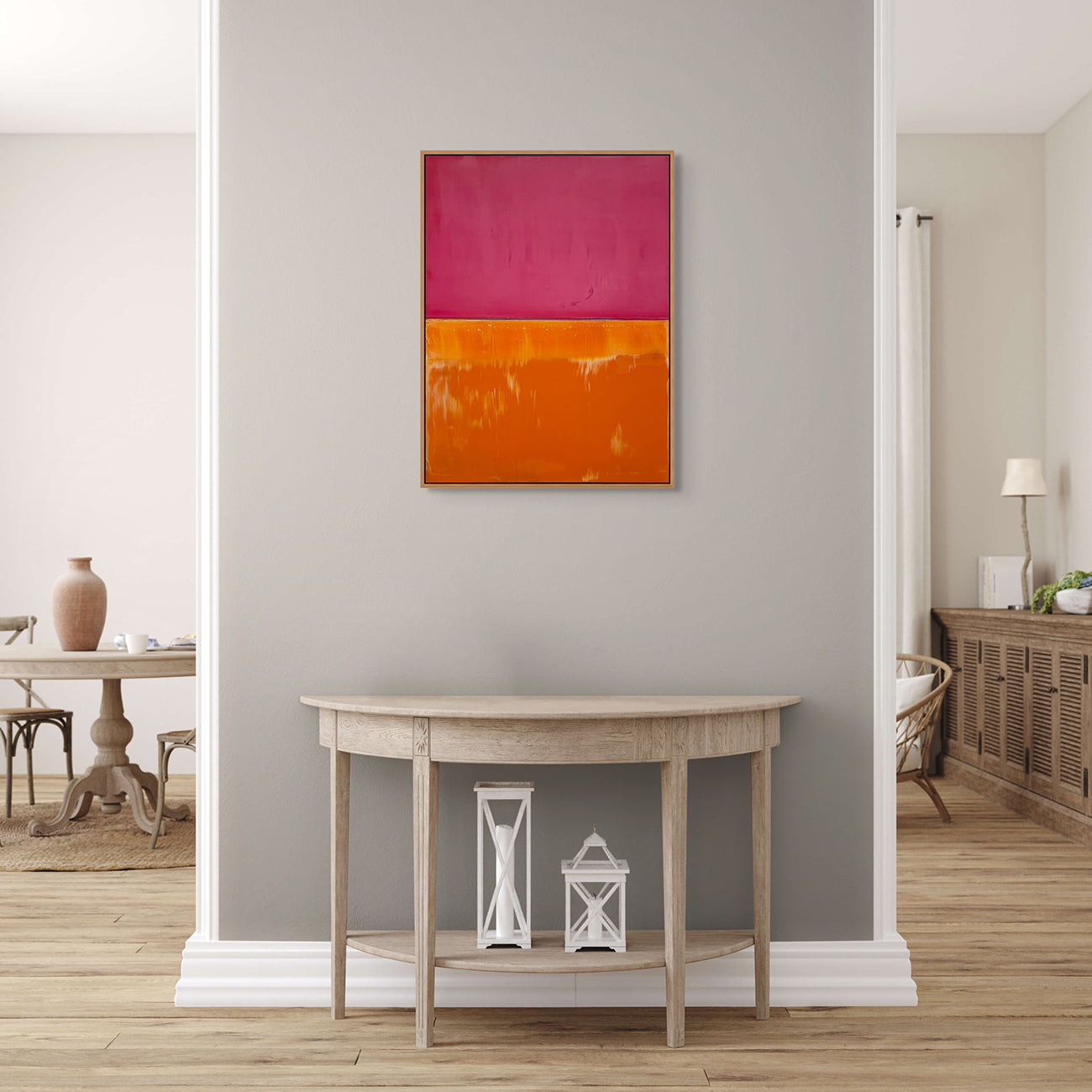 A painting of a pink and orange painting on a white background.