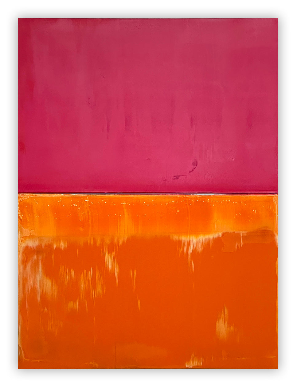 A painting of a pink and orange painting on a white background.