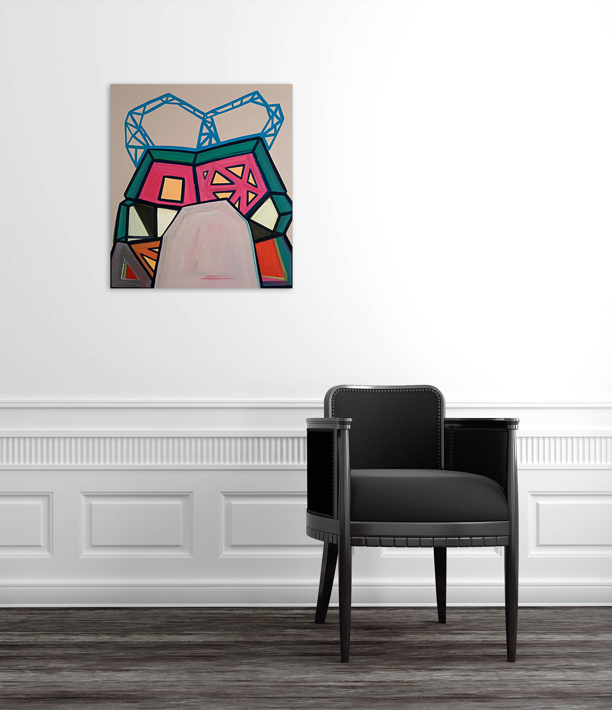 A painting of a colorful abstract painting on a beige background.