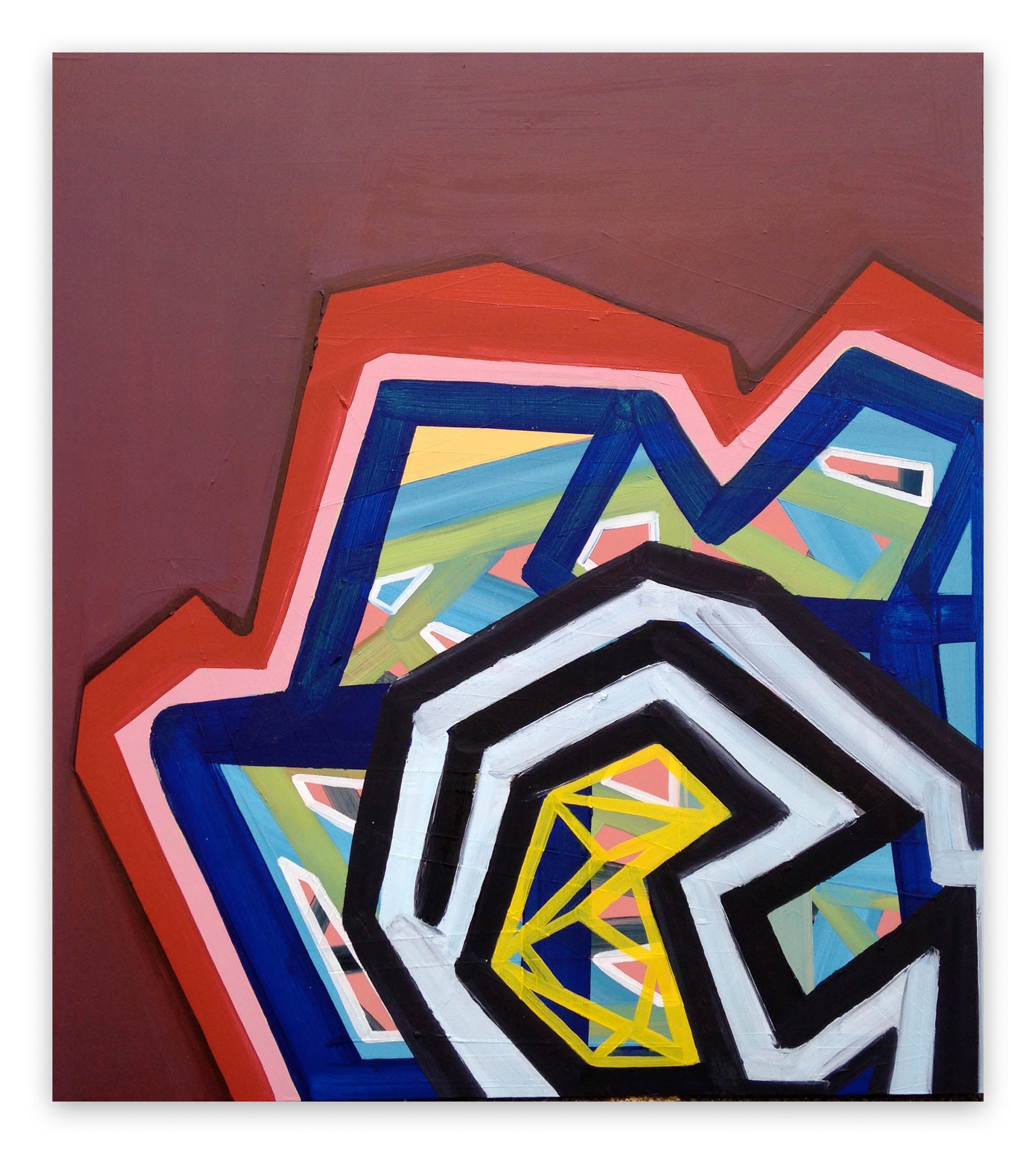 A painting on a red wall with a geometric design.